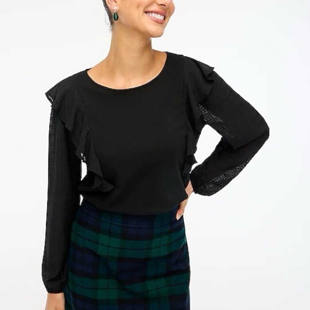 J Crew ruffle shoulder top long sleeve shirt with plaid sleeves